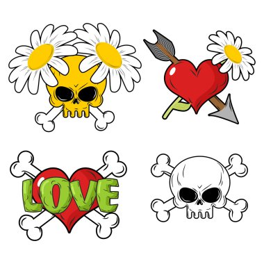 Love and death Set elements. Skull and red heart. Flower and arr