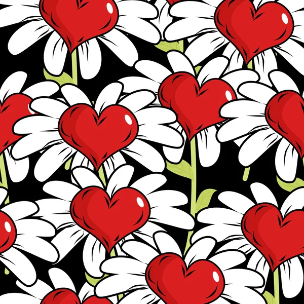 Blume der Liebe nahtloses Muster. rotes Herz mit weißen Blütenblättern. fa — Stockvektor