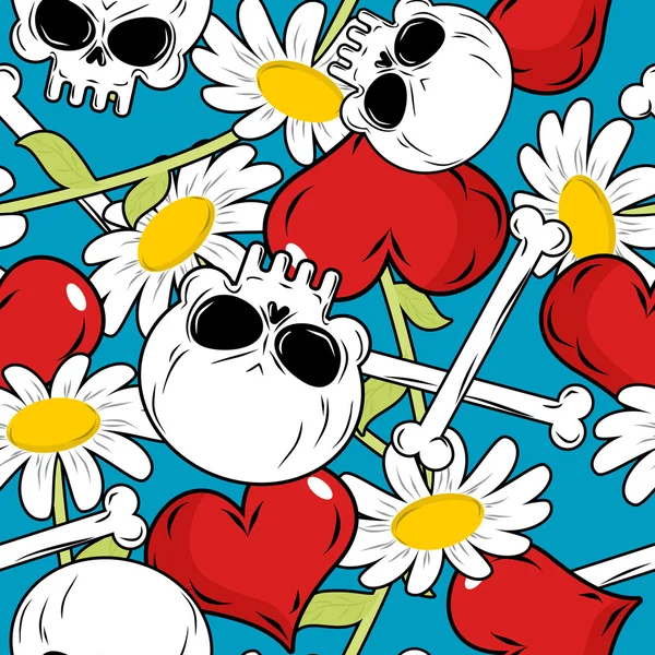 Skull and love seamless patetrn. Red heart and white daisies. Fl — ストックベクタ