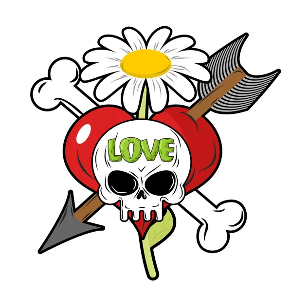 Death and love. Skull and red heart. Sign for tattoos. Chamomile — 图库矢量图片