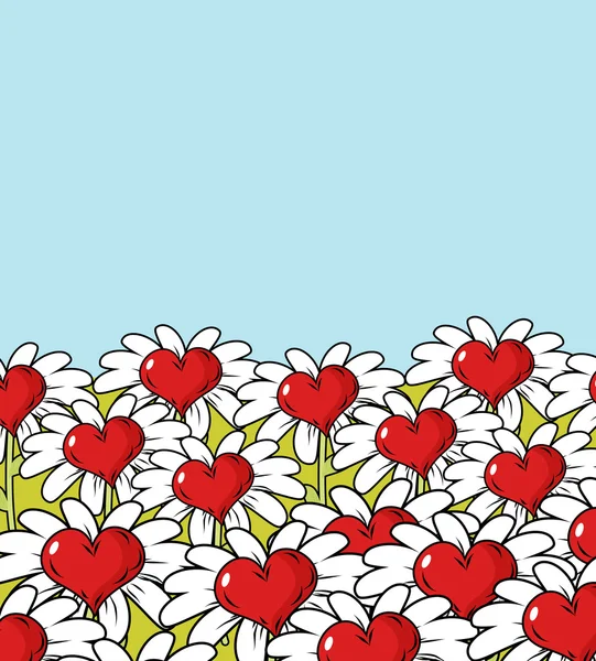 Love flower landscape. Chamomile meadow. Blue sky and red heart — Stockvector