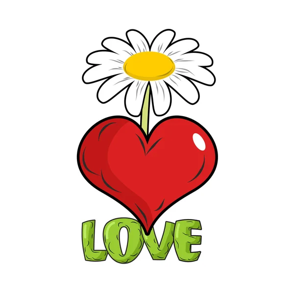 Love. Red heart and flower. Template for tattoos. White Chamomil — Stockvector