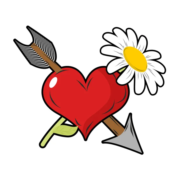 Amor y flor. Corazón rojo y flecha. Daisy flor de campo. Tatuaje — Archivo Imágenes Vectoriales