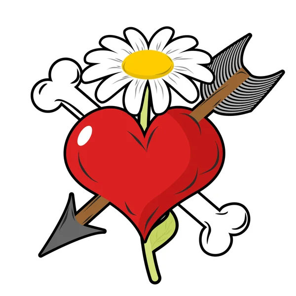 Red heart piercing arrow symbol of love. Bone is symbol of death — Stockvector