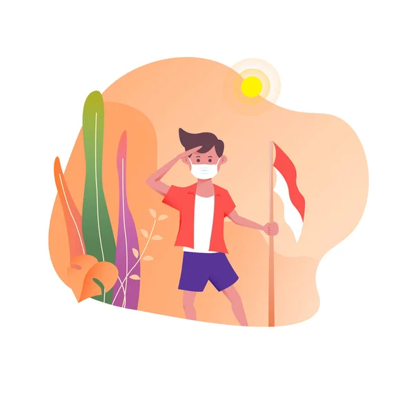 Flat Graphic Design Illustration Little Boy Wearing Mask Celebrating Indonesia - Stok Vektor
