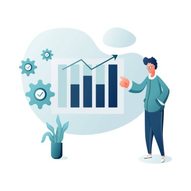 Illustration vector graphic of Businessman draws business strategy. Planning development of ideas. Process in form of infographics on steps flat design. Isolated on white background