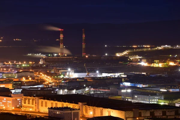 industrial view of the night industrial district of norilsk