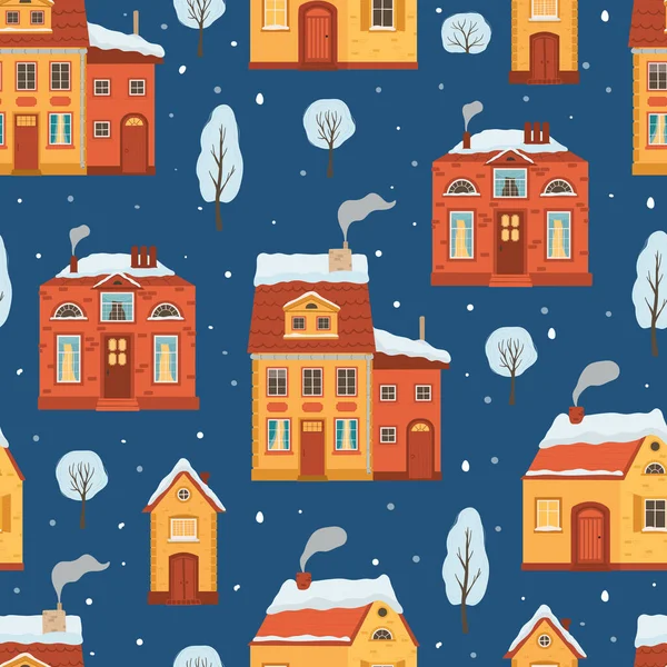 Seamless Pattern Flat Style Winter Houses Christmas Holiday Background Cozy Vector Graphics