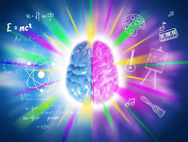人間の左脳情報創造性天才鮮やかな青の背景にトップビュー — ストック写真