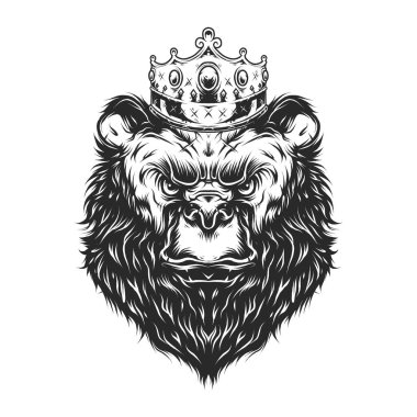 Monokrom tarzında izole edilmiş vektör illüstrasyonlu taçla klasik ciddi ayı kafası. 