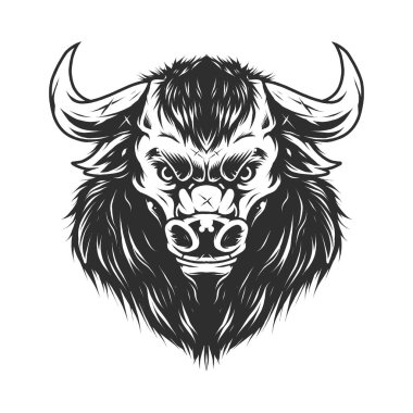 Klasik ciddi beyefendi minotor boğa başlı monokrom tarzı izole edilmiş vektör çizimi. 