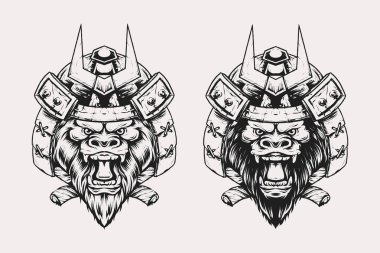 Samuray kabuto miğferi taşıyıcı illüstrasyonuna sahip tek renkli goril kafası seti. Tişörtler, baskılar, logolar ve diğer giyim ürünleri için uygun