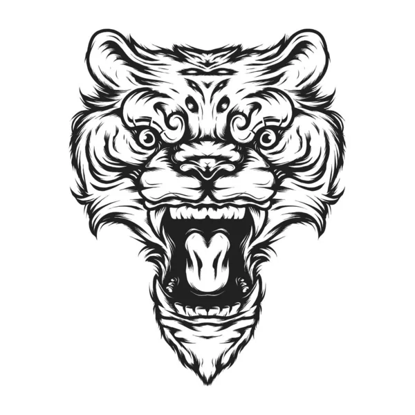 Vintage Angry Tiger Head Monochrome Style Isolated Vector Illustration Concept — Stock Vector