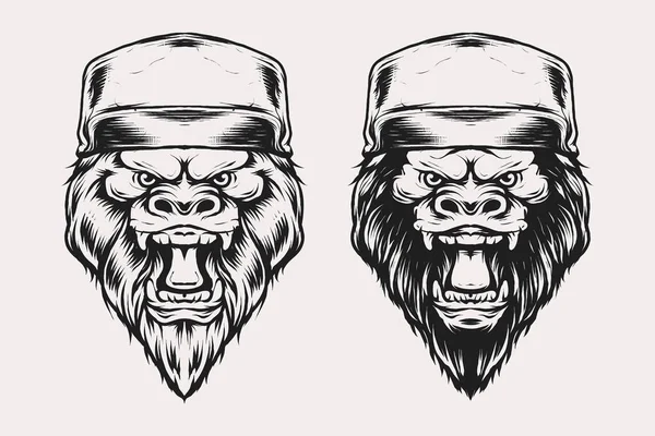 Set Testa Gorilla Con Cappello Vettoriale Illustrazione Stile Vintage Monocromatico — Vettoriale Stock