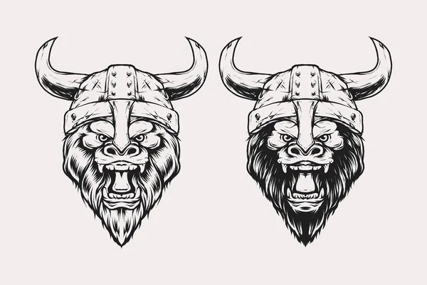 Conjunto Cabeza Gorila Con Casco Vikingo Escudo Armadura Vector Ilustración — Archivo Imágenes Vectoriales