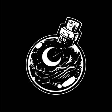 İksir şişesi illüstrasyonunda premium vektör gece görüntüsü, modern çizgi film tarzında, tişört veya baskı ürünleri için mükemmel 