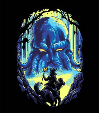 Ahtapot ya da Cthulhu canavar çizimi. Tişört ya da ticari ürünler için uygun