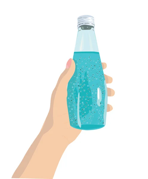 Eine Hand Hält Eine Flasche Mit Einem Blauen Getränk Das — Stockvektor