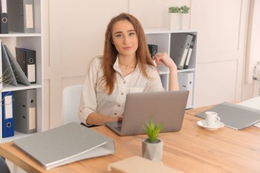 Ofiste çalışan genç ve güzel bir iş kadını.