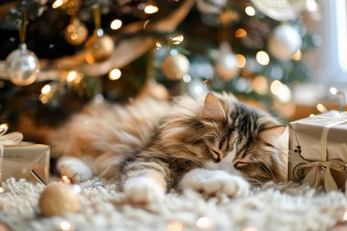 Parlak bir odada süslerle süslenmiş bir Noel ağacının altına yerleştirilmiş sevimli bir kedi.