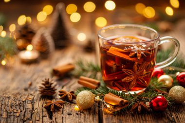  Sıcak sıcak şarap ve Noel süslemeleri bir masada şenlikli ve sıcak bir ortam yaratıyor.