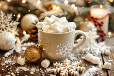 Noel tezahüratlarıyla çevrili dekore masasında lokumlu sıcak kakao.