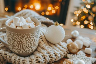 Noel tezahüratlarıyla çevrili dekore masasında lokumlu sıcak kakao.