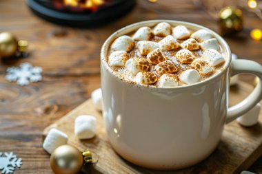 Noel tezahüratlarıyla çevrili dekore masasında lokumlu sıcak kakao.