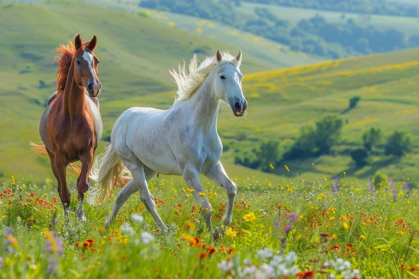 Two majestic horses peacefully grazing in a natural landscape on a sunny day