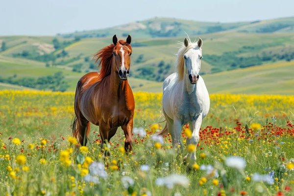 Two majestic horses peacefully grazing in a natural landscape on a sunny day