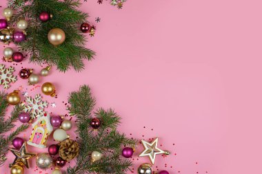 Flat lay composition with serpentine streamers and Christmas decor Space for text. High quality photo