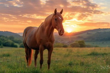 Beautiful horse standing in field at sunset