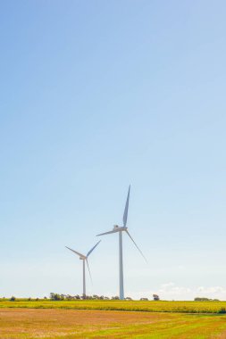 Uzun Beyaz Türbinler Saha 'nın Üzerinde Yükseliyor, Soluk Gökyüzüne Karşı İnce Kuleler, Metalik Bıçaklar Yavaşça Dönüyor, Sıcak Güneş Işıkları Ölçekli ve Modern