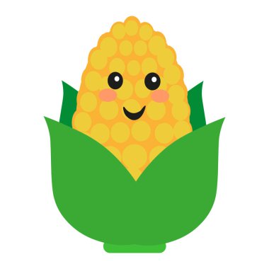 Basit bir düz stil içinde gülümseyen mısır karakteri. Beyaz bir arka planda izole edilmiş. Çocuk tasarımları, ambalajlar, çıkartmalar ve sağlıklı beslenme kavramları için mükemmel. Vektör illüstrasyonu