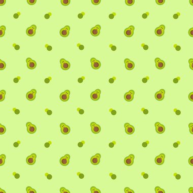 Gülümseyen çizgi film karakterleriyle kusursuz avokado deseni. Çocuklar için tekstil, ambalaj kağıdı, kreş tasarımı, kumaş, duvar kağıdı ve ambalaj için düz vektör arka planı. Vektör illüstrasyonu