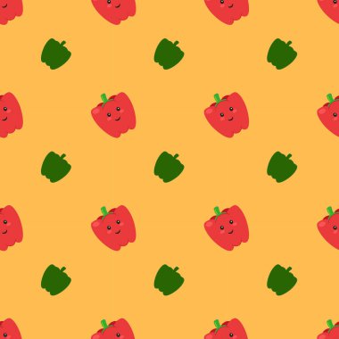 Çizgi filmdeki kırmızı biberli sebzelerin uçuş stili kusursuz deseni mutfak dekorasyonu, ambalaj ve tekstil için. Vektör illüstrasyonu