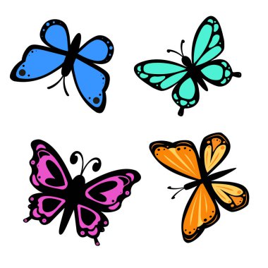 Şirin renkli kelebekler vektör çizimi. Çizgi film kelebek koleksiyonu arka planda izole edilmiş.