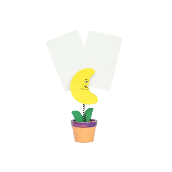 Fechar a braçadeira foto em forma de lua amarela em vaso de flores com papel branco em branco isolado no fundo branco — Fotografia de Stock