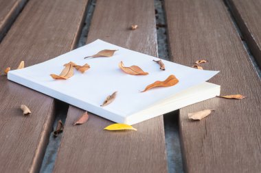 Koyu ton ve seçim odak ile kurutulmuş yaprakları ile ahşap masada eski beyaz kitap düşük anahtar fotoğraf