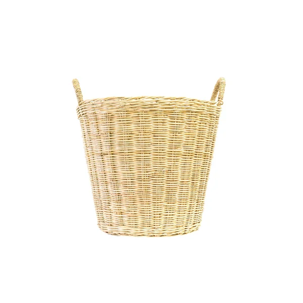 Closeup wood weave basket for used clothes in house isolated on white background — Stock Photo, Image