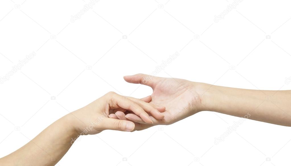 Closeup woman hand hold another woman hand for console and encourage in tender emotion isolated on white background with clipping path
