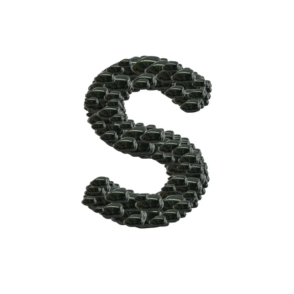 Close up pile of black stone in S english alphabet isolated on white background — стоковое фото