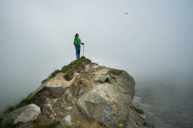 Sisteki bir kayanın üzerinde duran yürüyüş direkleri olan bir kız. Yürüyüş.