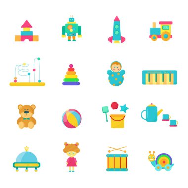 Çocuk oyuncakları seti. Beyaz arkaplanda düz biçim.