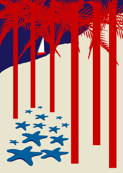 图上的美国国旗是由海星和红色棕榈树制成的 与世隔绝在荒芜的海滩上 — 图库照片