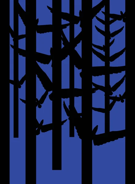 Illustration Forest Birds Flying Giving Impression Branches Trees Dark Blue — Stock Photo, Image