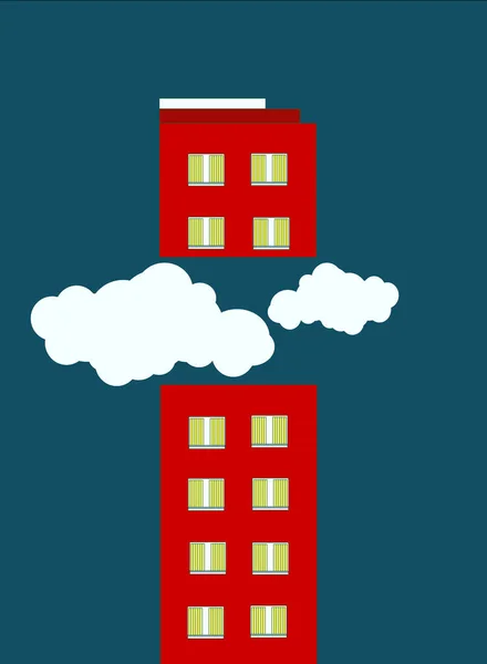 Ілюстрація Будівлі Розрізаної Навпіл Хмарами Ізольована Синьому Фоні — стокове фото