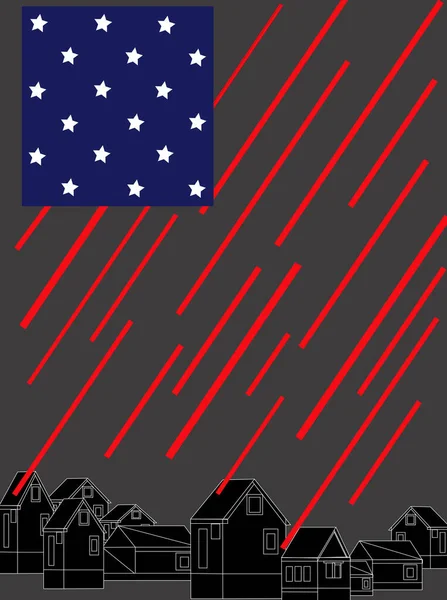 如雨点般飘落在城市上空的美国国旗的图解 — 图库照片
