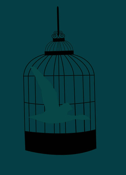 illustration of a silhouette of a bird flying in a bird cage , as not being certain if the bird is captive in the bird cage