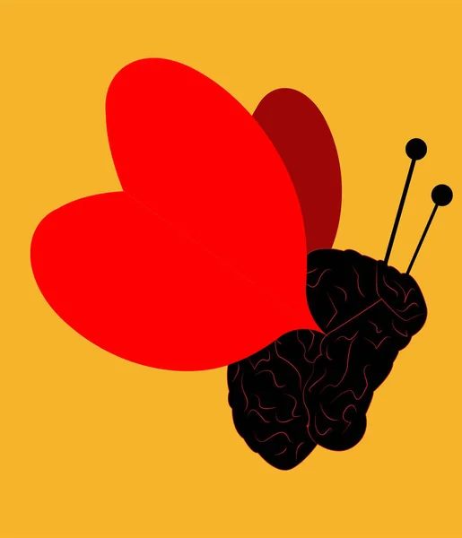 Иллюстрация Бабочки Телом Виде Мозга Крыльями Виде Сердец Желтом Фоне — стоковое фото